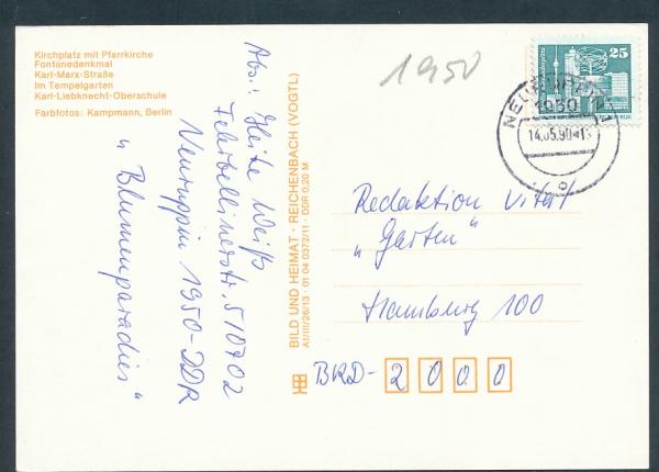 Kirchplatz mit Pfarrkirche, Fontanedenkmal, Karl-Marx-Straße, Karl Liebknecht-Oberschule